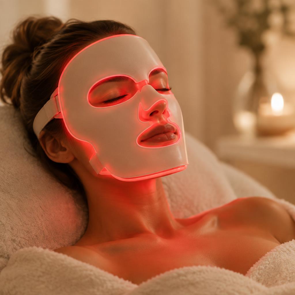 A woman relaxing while wearing the glowing Dermalux Flex MD LED mask